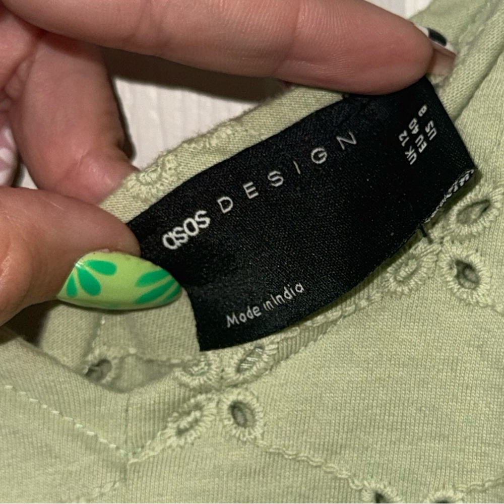 ASOS Design green eyelet peasant A-line mini dress - Picture 2 of 8